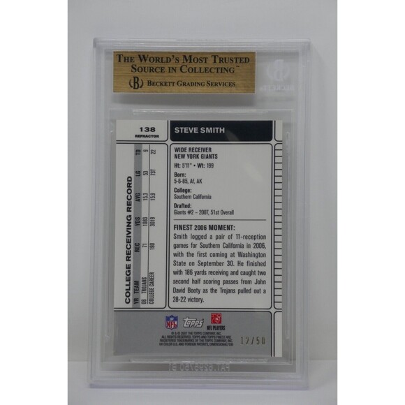 2007 Finest Gold Refractors #138 Steve Smith/50 Rookie Beckett 10 PRISTINE - Picture 4 of 6